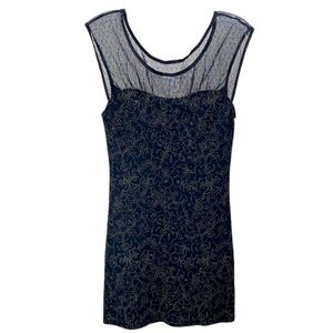 🌺FREE PEOPLE Bodycon Mini Dress Gold Floral Pattern Mesh Shoulder Polka Dot NWT🌺